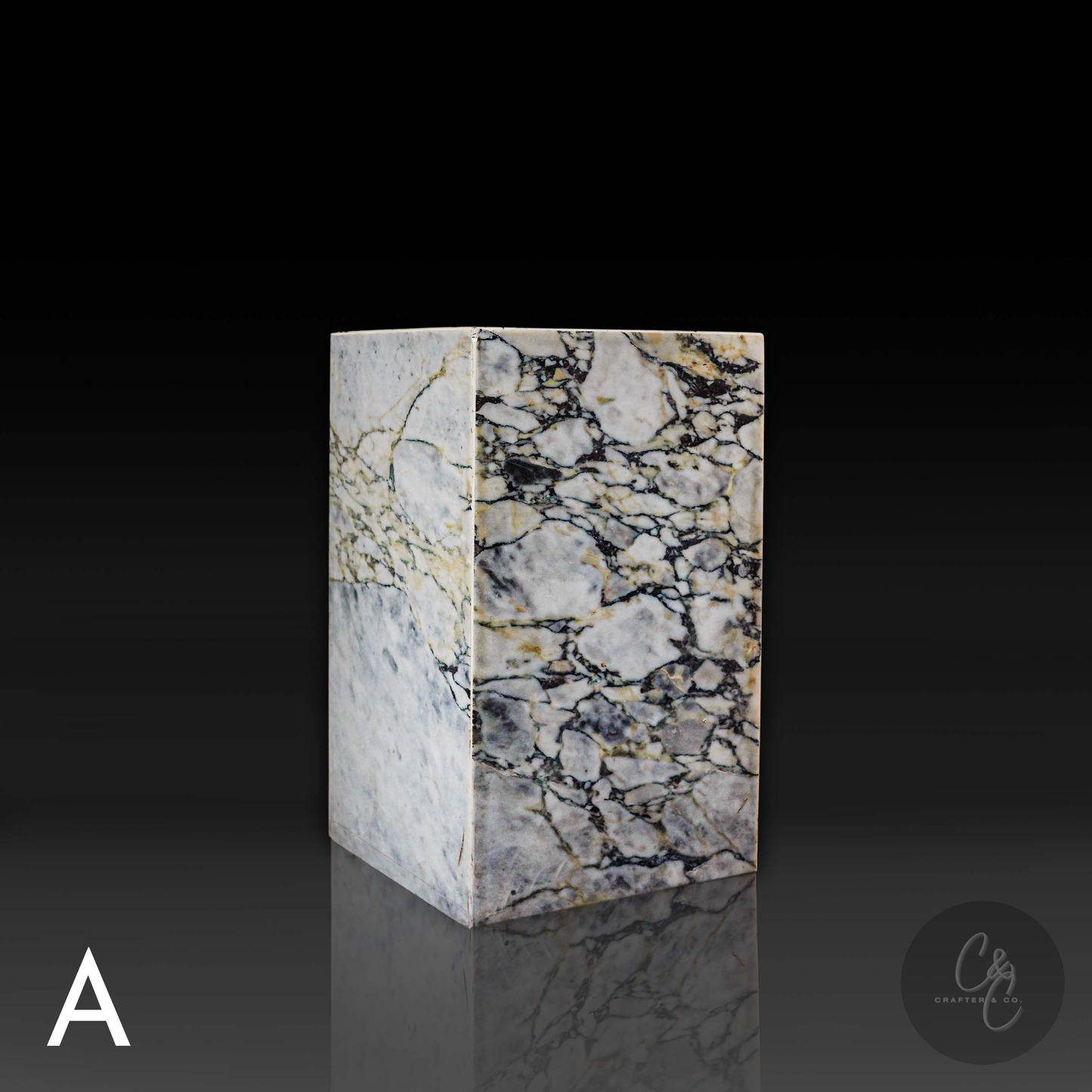 Arabescato Viola marble column side table front profile highlighting sculptural design and natural stone patterns.
