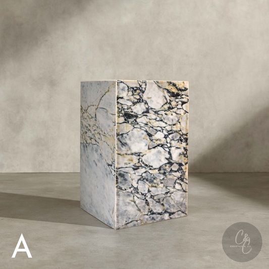 Arabescato Viola marble column side table handcrafted from natural Italian marble with dramatic violet veining.