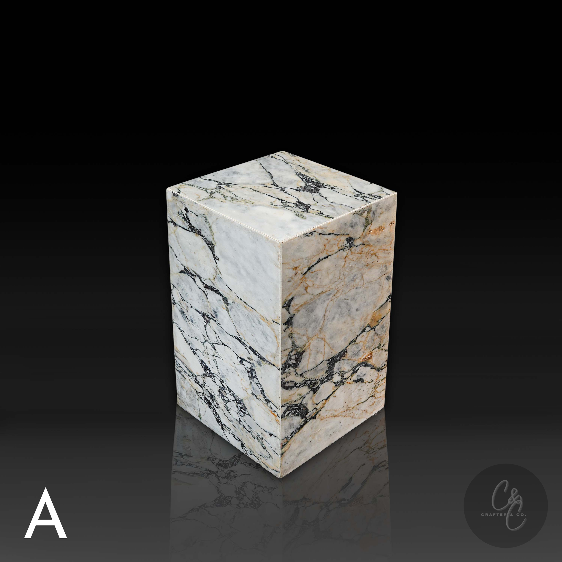 Top angle of Arabescato Viola marble column side table featuring luxurious Italian marble and polished finish.