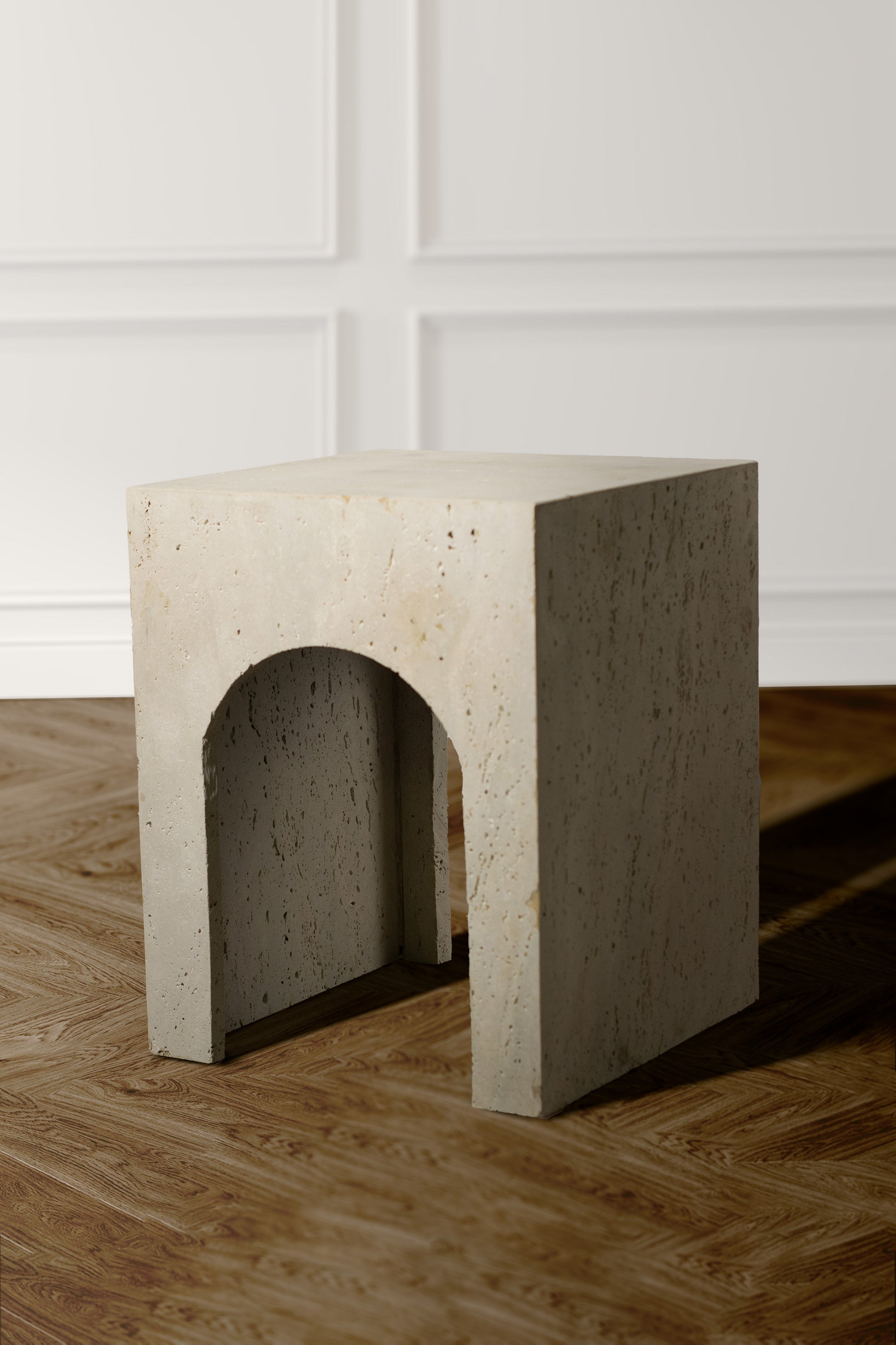 Arcadia Travertine Side Table handcrafted from premium natural travertine with a sculptural arched base and minimalist cube silhouette.