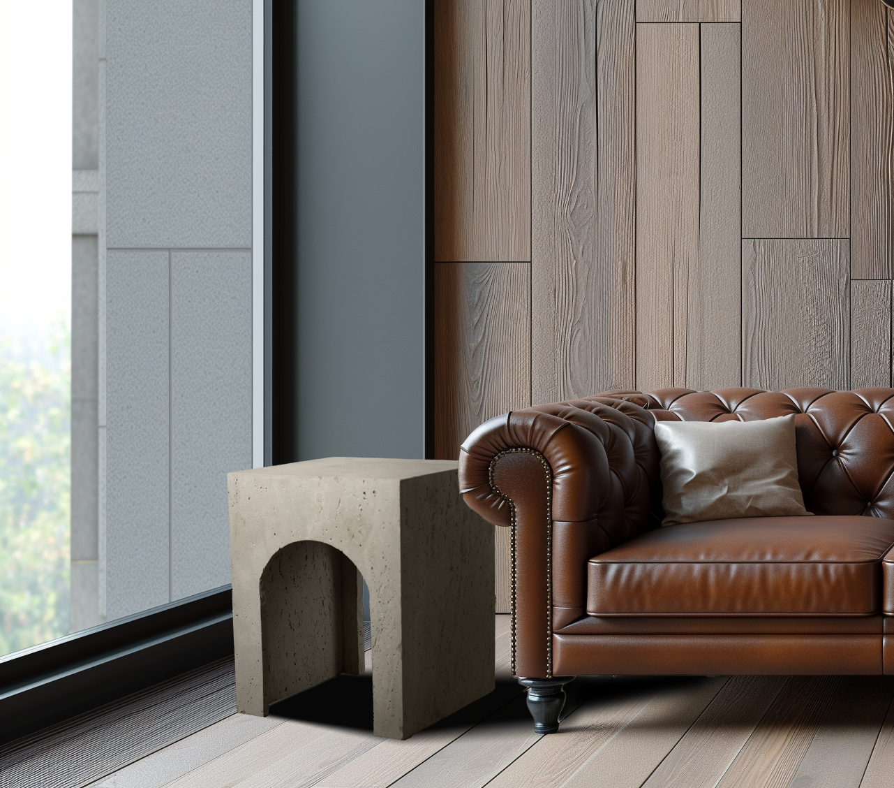 Arcadia Travertine Side Table styled beside a leather sofa in a contemporary living room showcasing sculptural natural stone design.