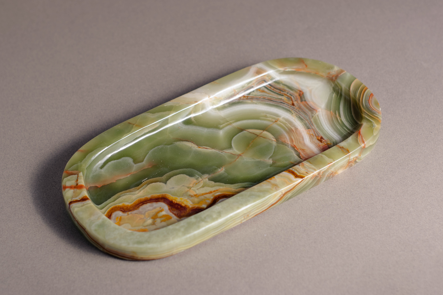 Aura Green Onyx Tray handcrafted from natural Green Onyx with rich green and amber veining.