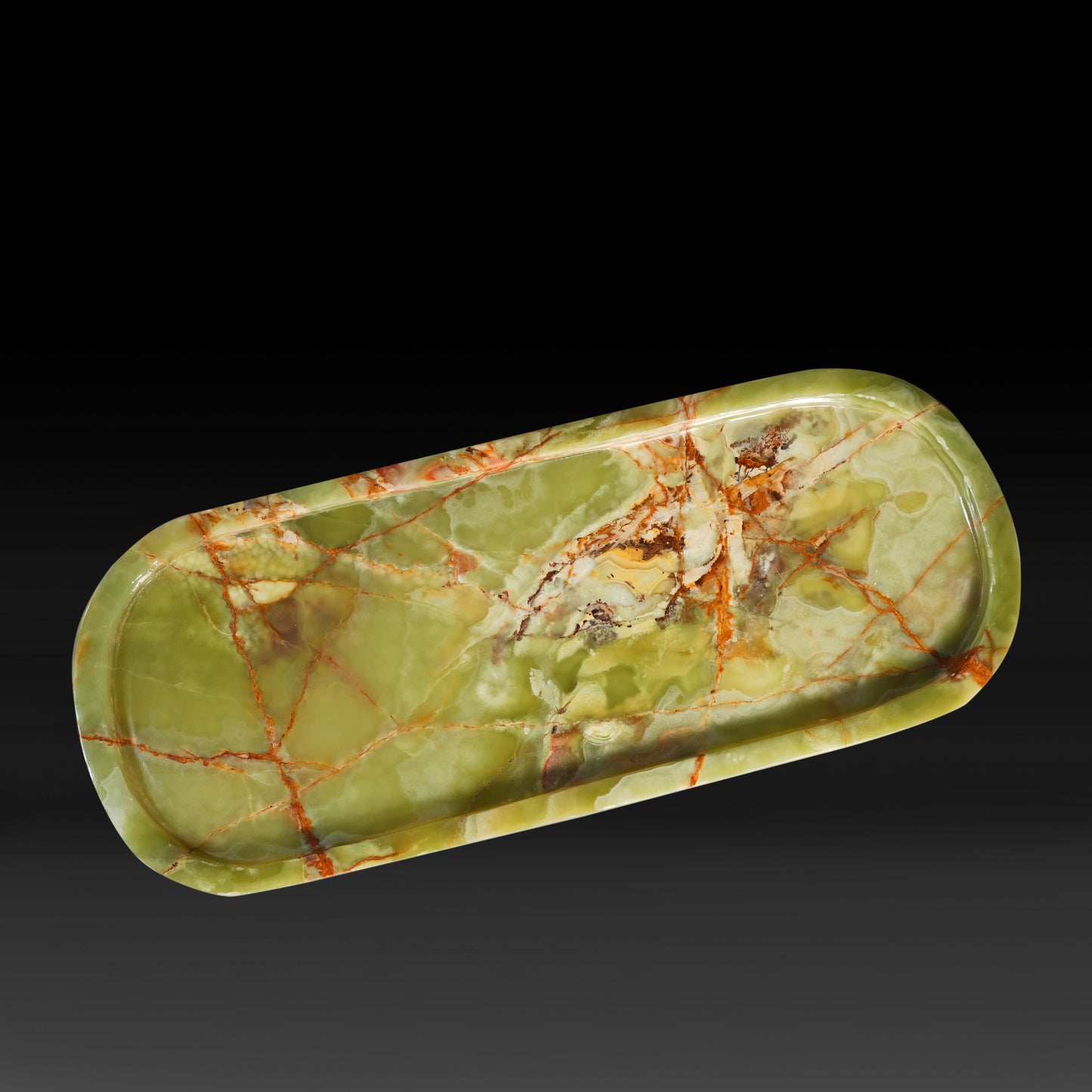 Aura Green Onyx Tray Large handcrafted from natural Green Onyx with unique green and amber veining.