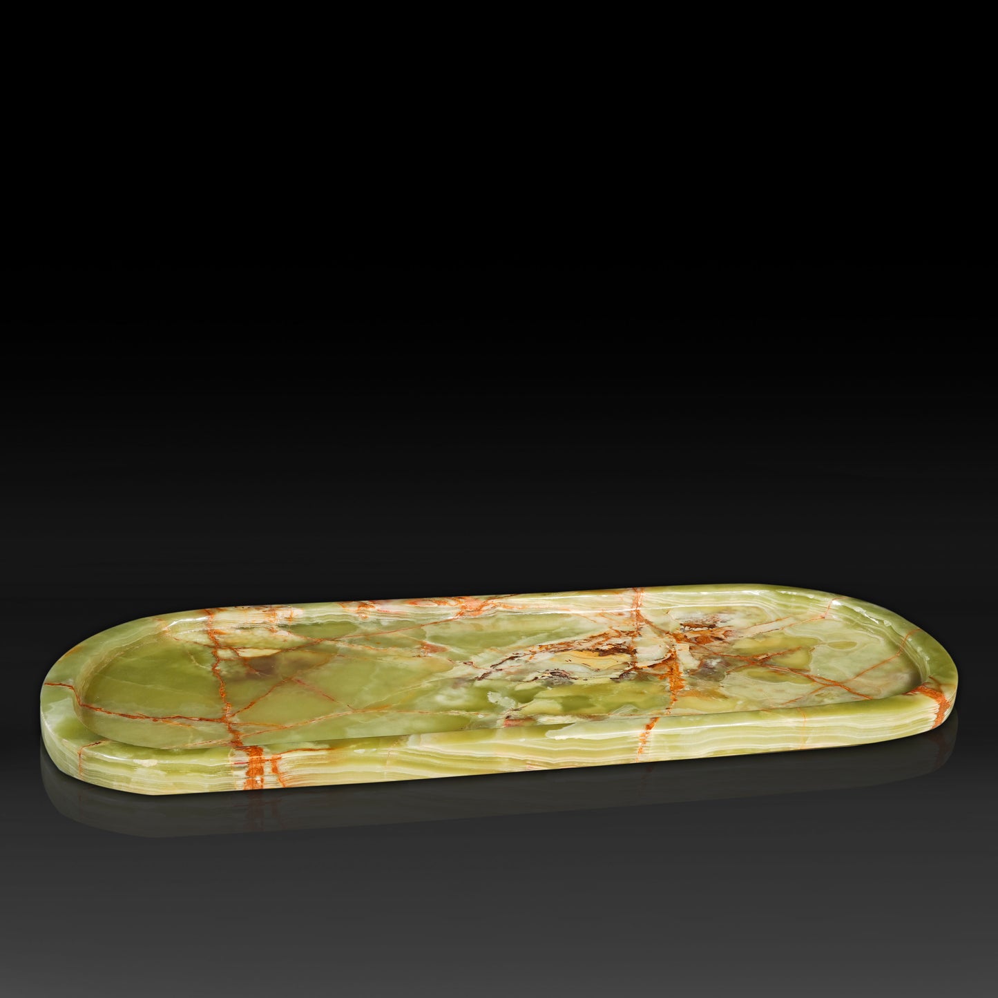 Front view of the Aura Green Onyx Tray Large made from natural Green Onyx.