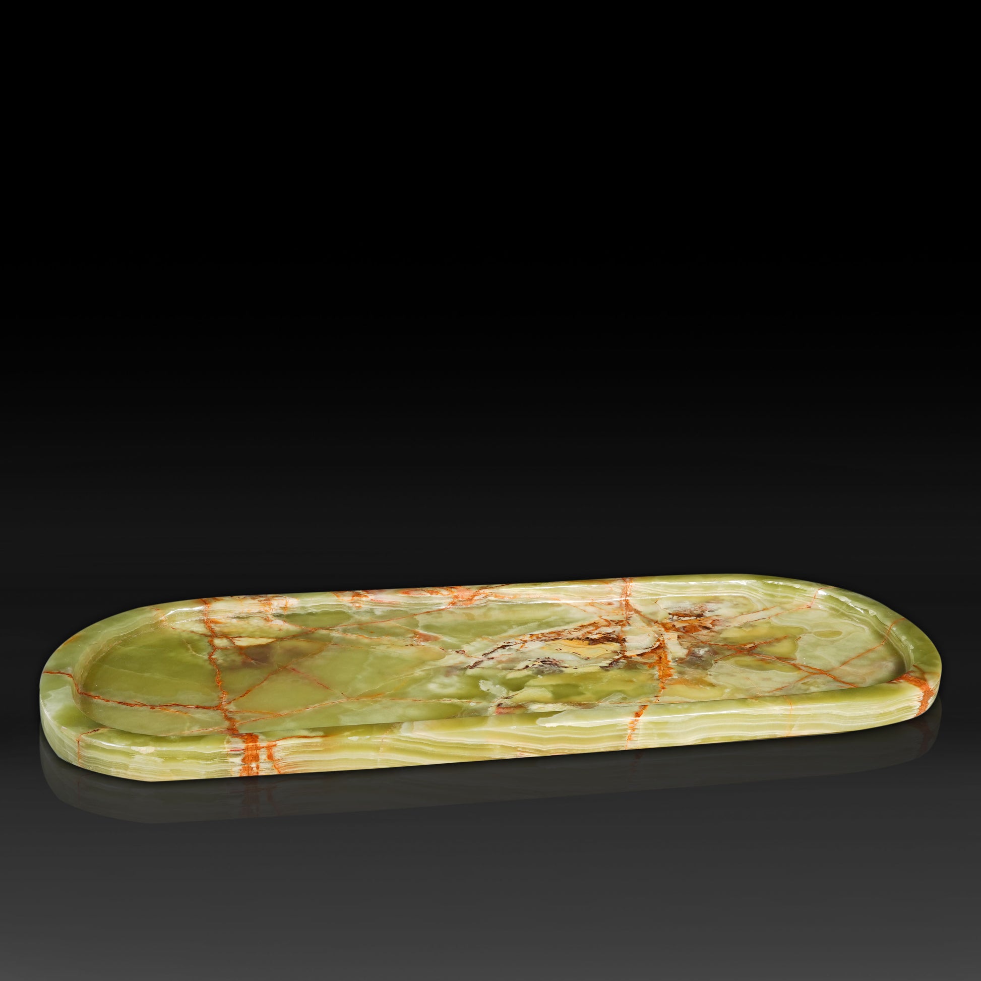 Front view of the Aura Green Onyx Tray Large made from natural Green Onyx.