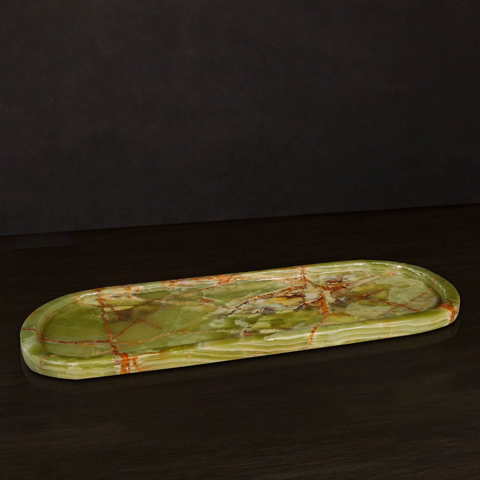 Aura Green Onyx Tray Large styled on a console table in a modern interior.