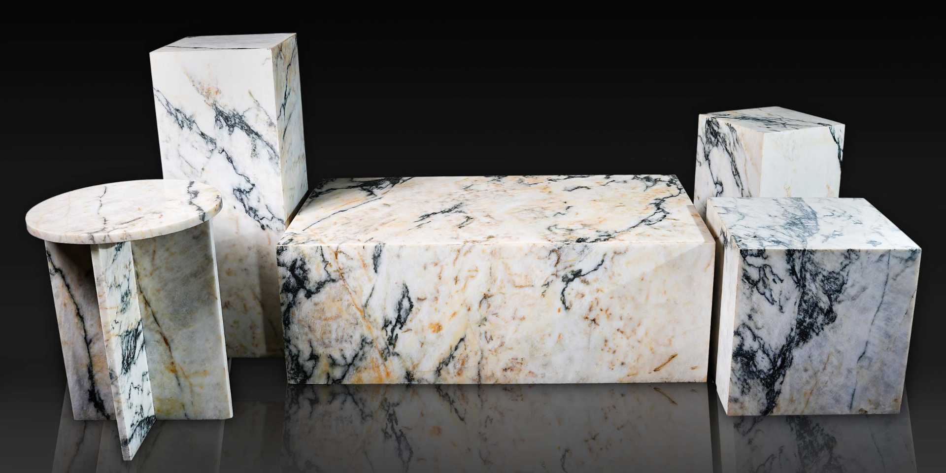 Luxury Calacatta Monet coffee table, round cross side table, column side table, cube side table, plinth handcrafted from natural stone by Crafter & Co.