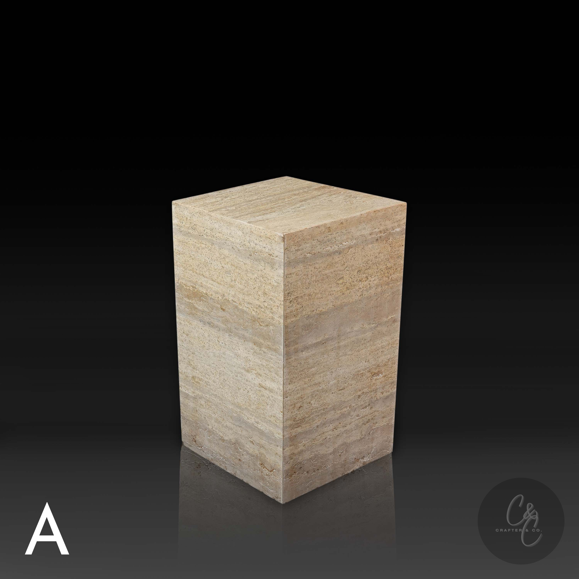 Angled view of Travertine Veincut column side table A highlighting layered natural stone texture.
