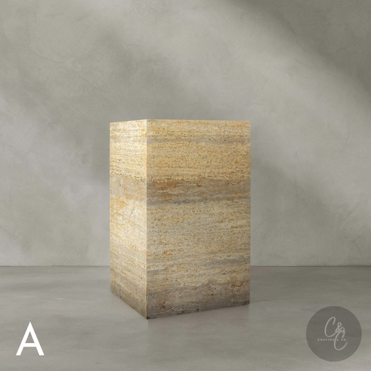 Travertine Veincut column side table A handcrafted natural stone accent table with honed finish.