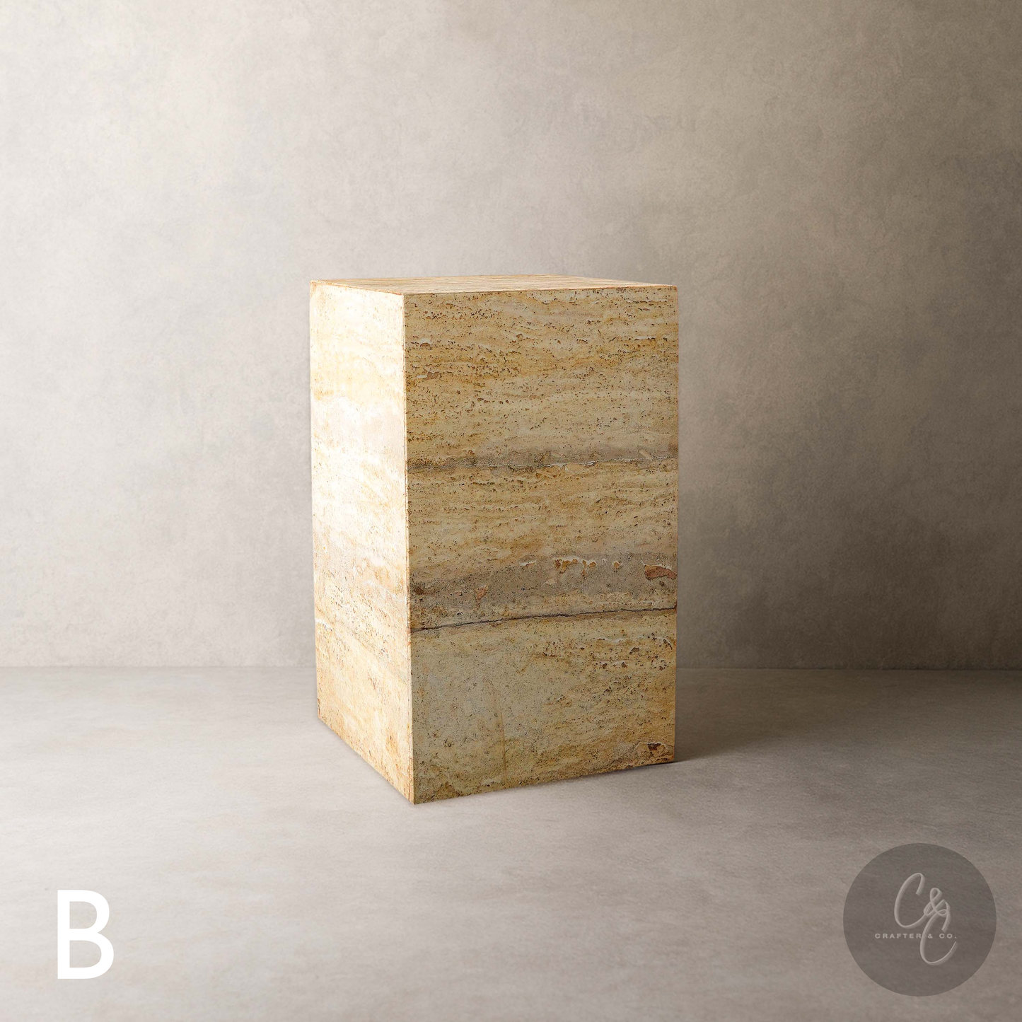 Travertine Veincut column side table B handcrafted natural stone accent table with honed finish.
