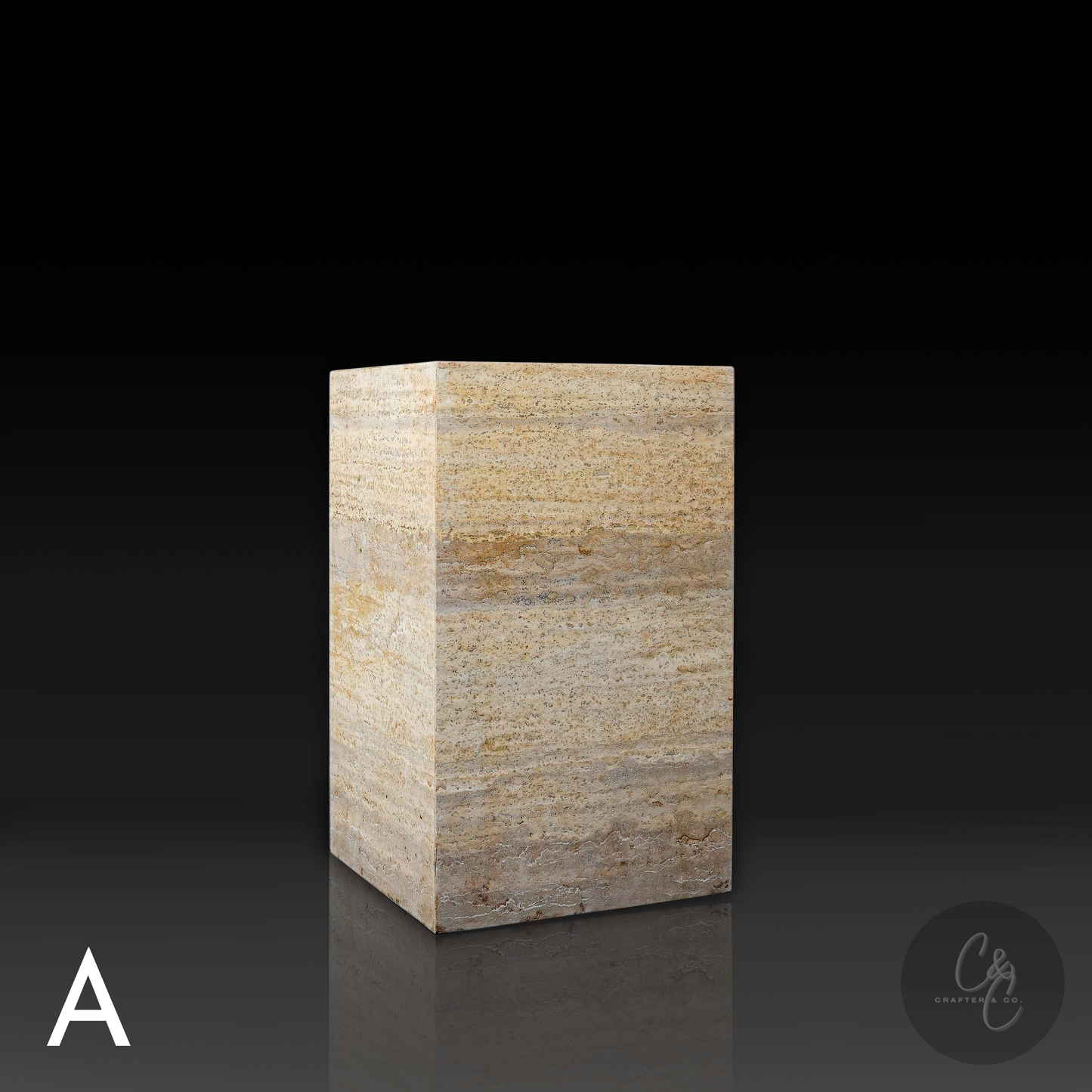 Front profile of Travertine Veincut column side table A in natural honed travertine.