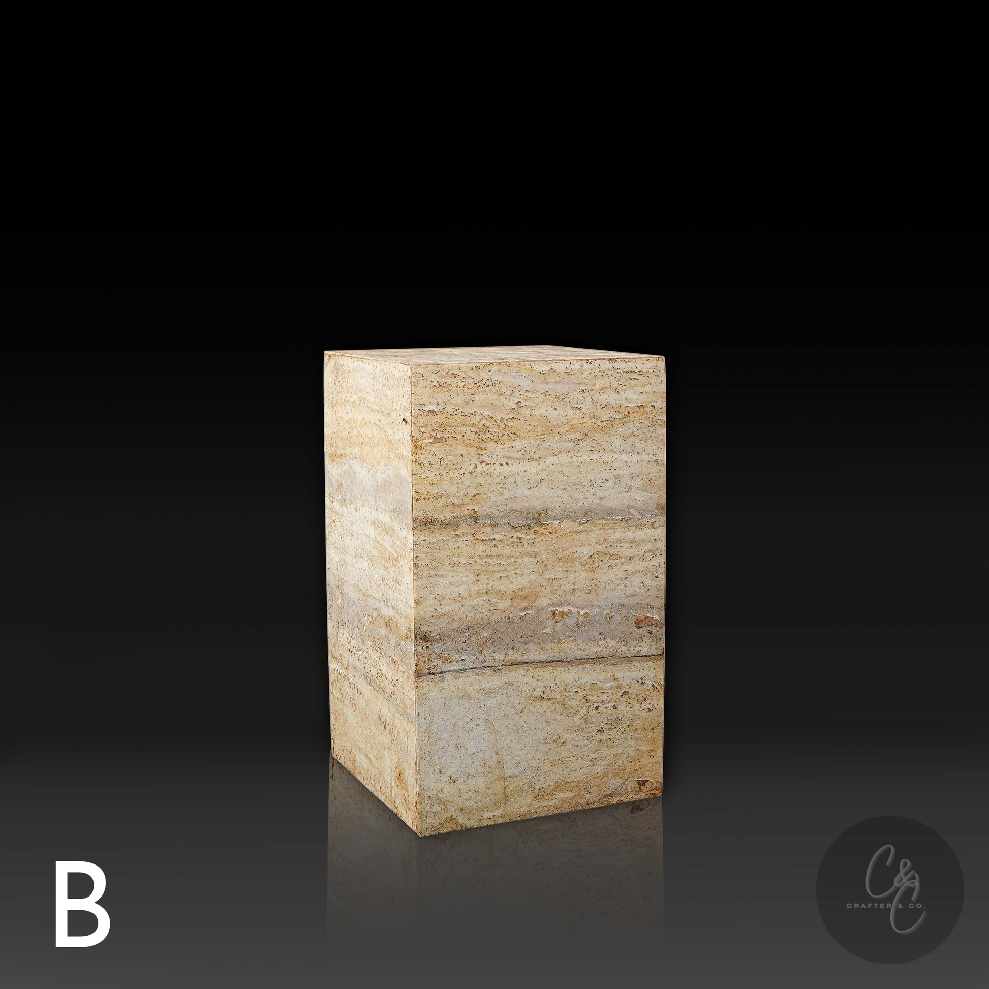 Front profile of Travertine Veincut column side table B in natural honed travertine.