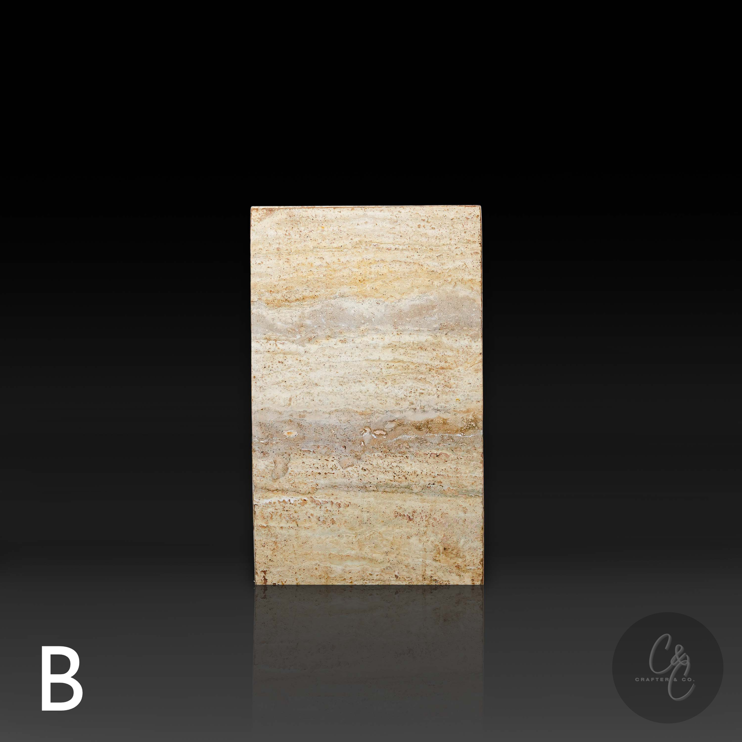 Front view of Travertine Veincut column side table B showcasing natural horizontal veining.