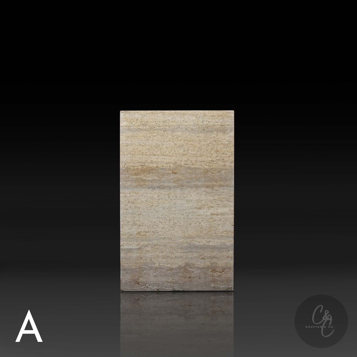 Front view of Travertine Veincut column side table A showcasing natural horizontal veining.