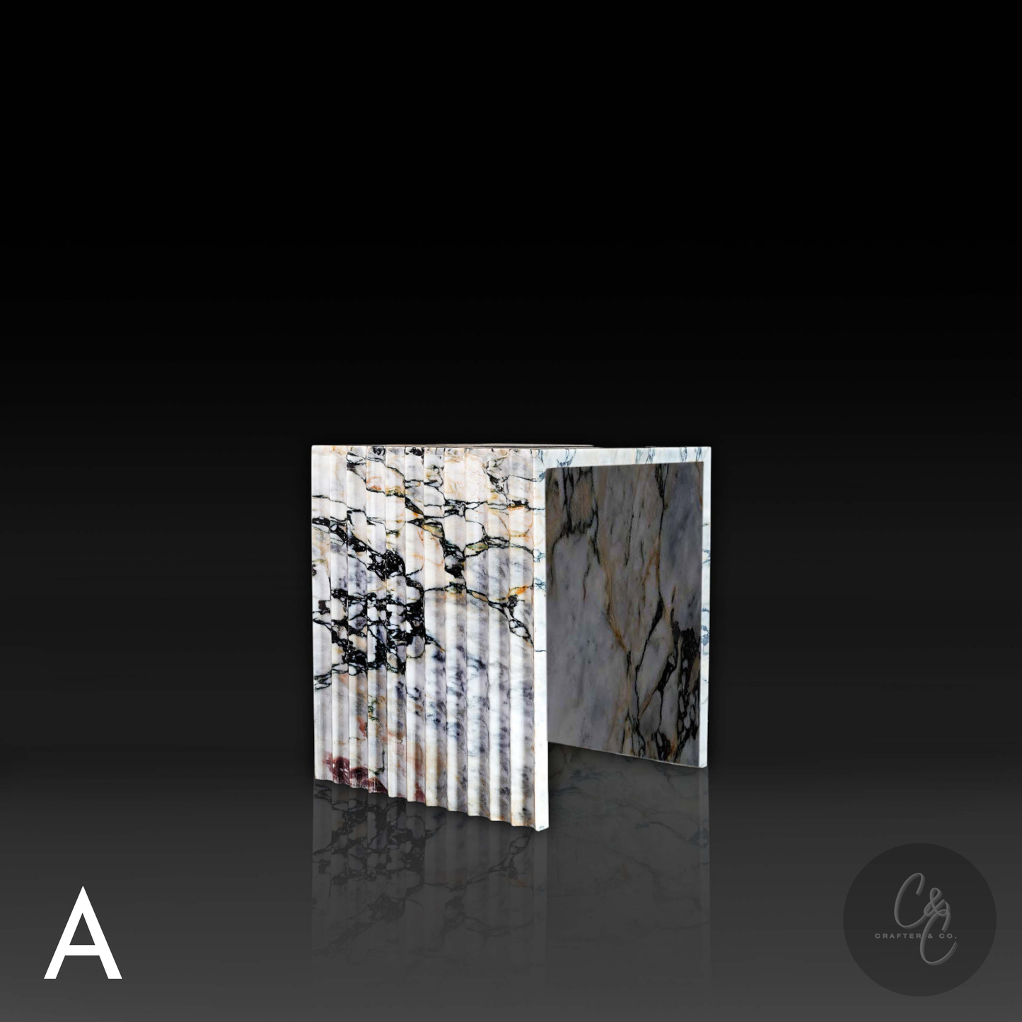 Arbescato Viola corrugated side table angled view, handcrafted Italian marble furniture.