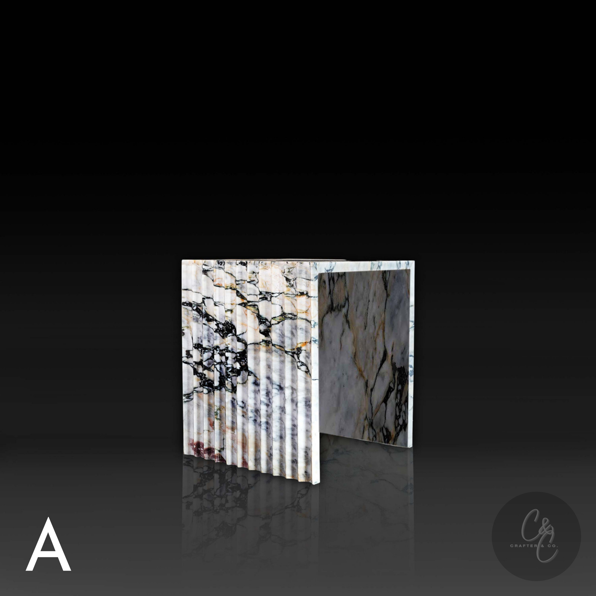 Arbescato Viola corrugated side table angled view, handcrafted Italian marble furniture.