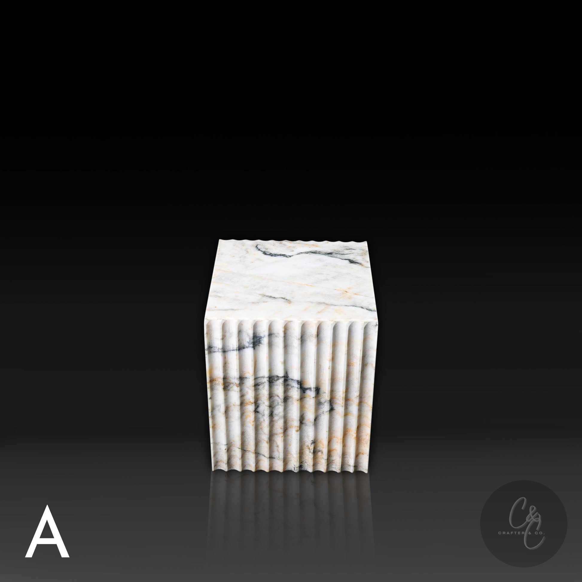 Fluted side view of Corrugated Calacatta Monet Marble Side Table - Veining A