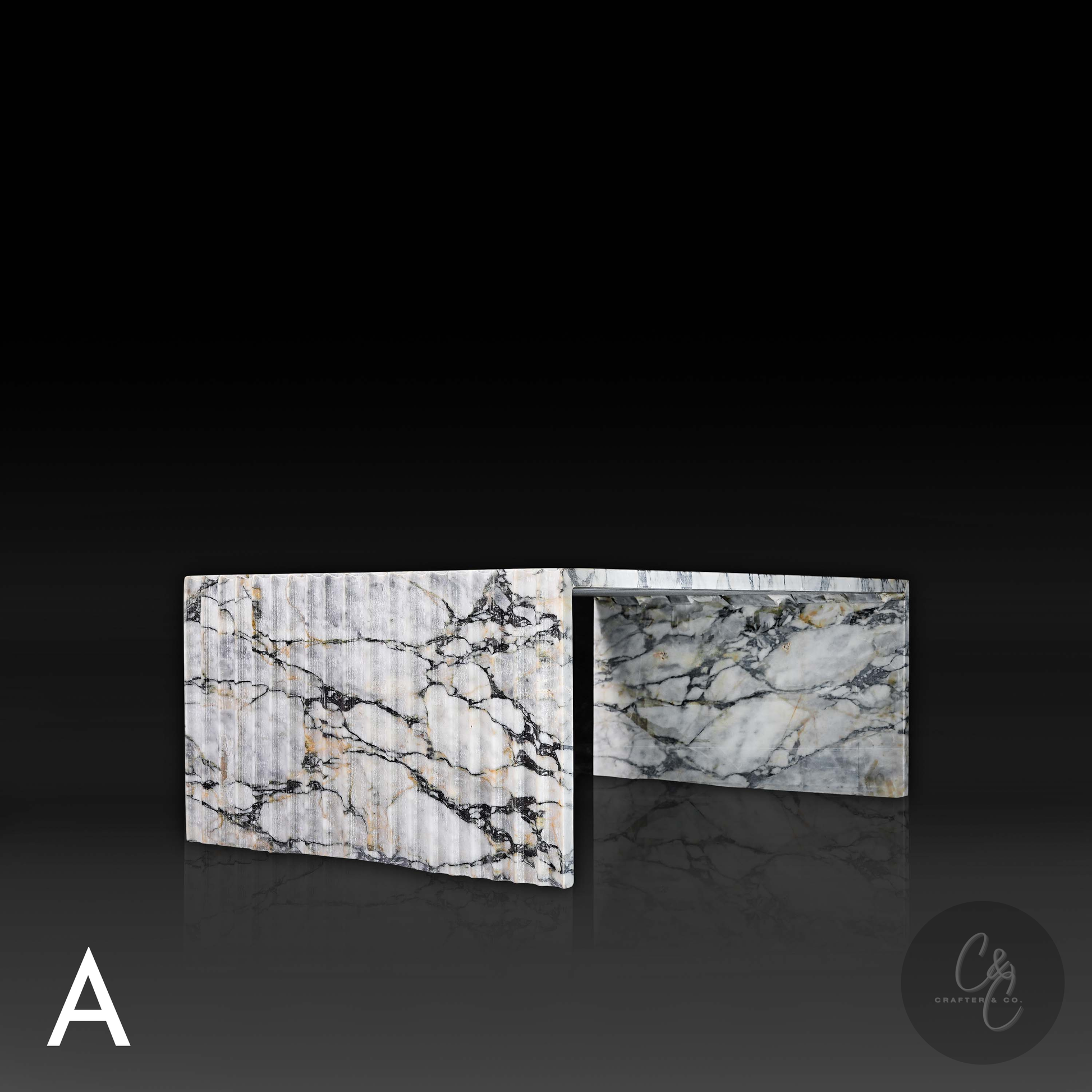 Arabescato Viola marble veining detail on Corrugated Coffee Table – Variant A