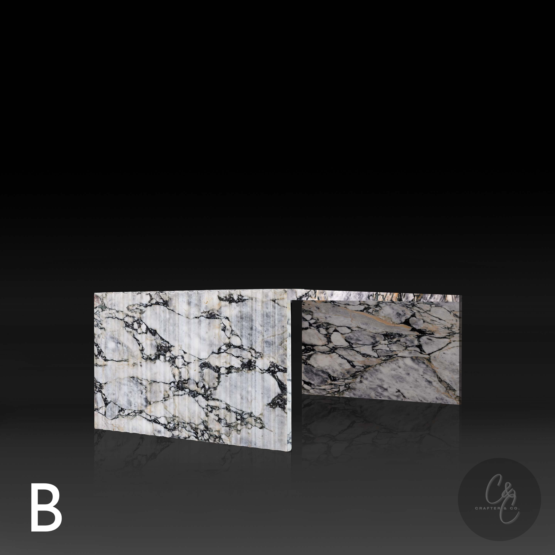 Arabescato Viola marble detail showing  fluted side on Corrugated Coffee Table – Variant B