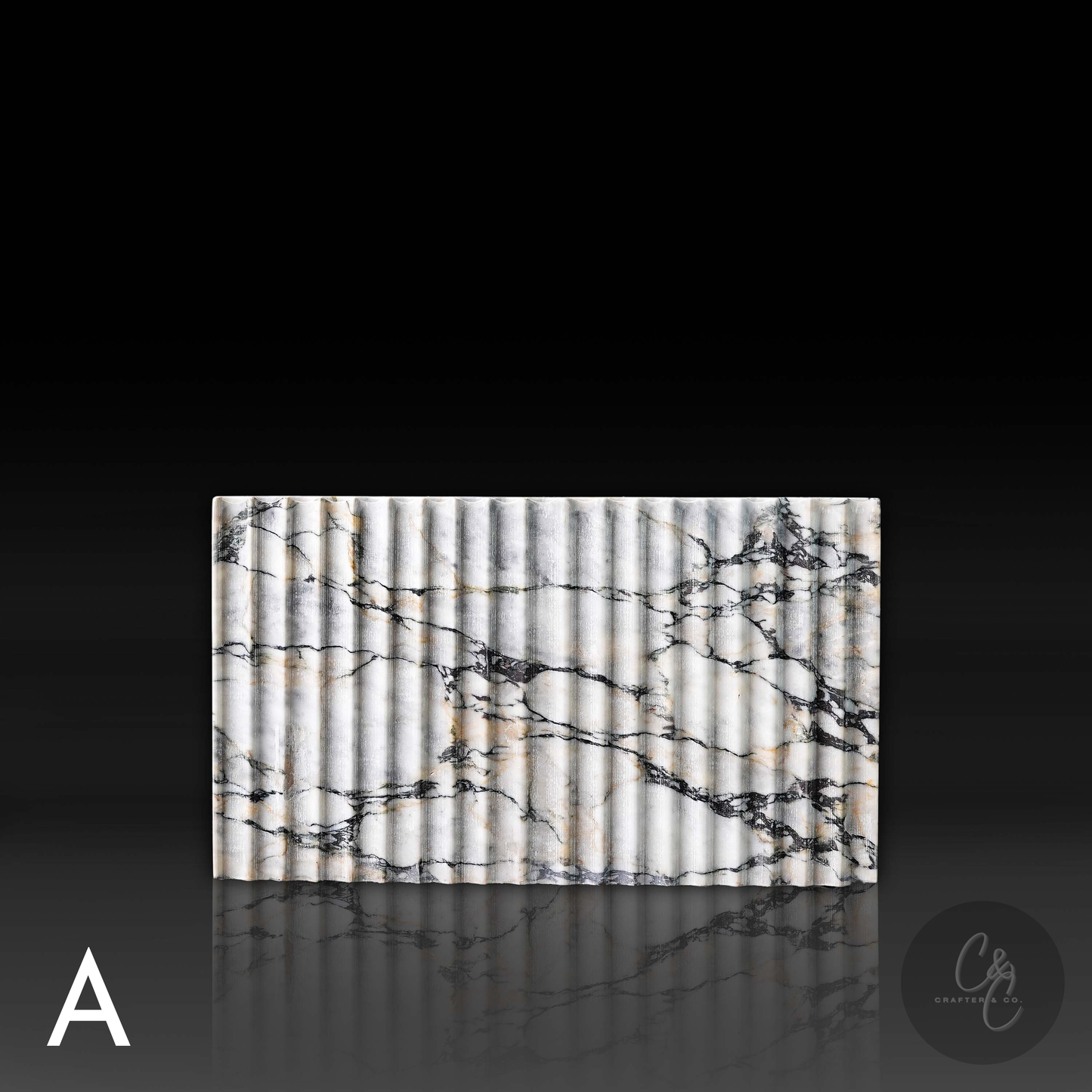 Fluted side detail of Arabescato Viola Corrugated Coffee Table showing natural marble veining – Variant A