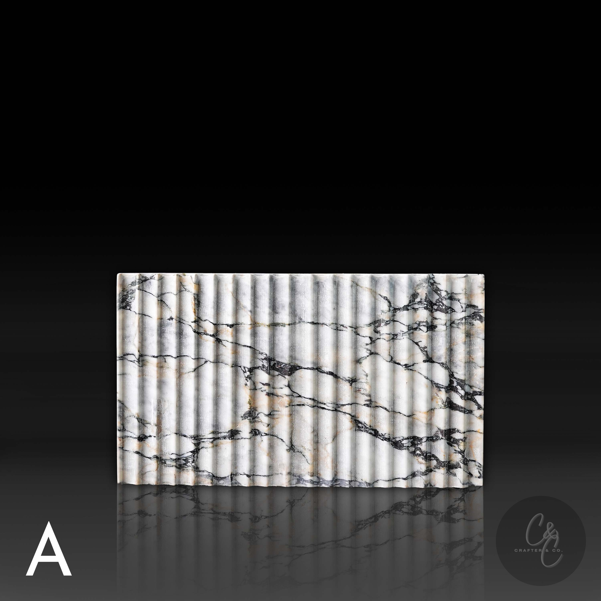 Fluted side detail of Arabescato Viola Corrugated Coffee Table showing natural marble veining – Variant A