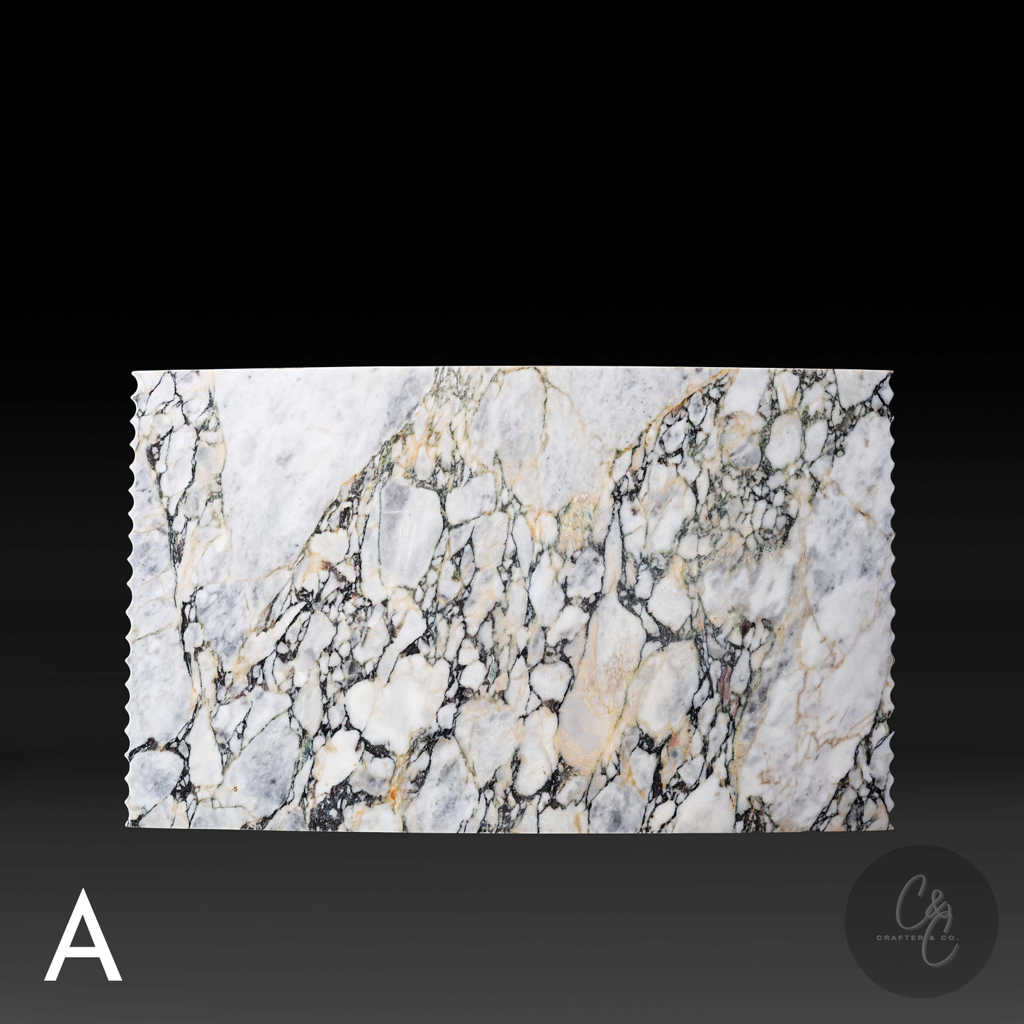 Arabescato Viola marble tabletop with dramatic natural veining on Corrugated Coffee Table – Variant A