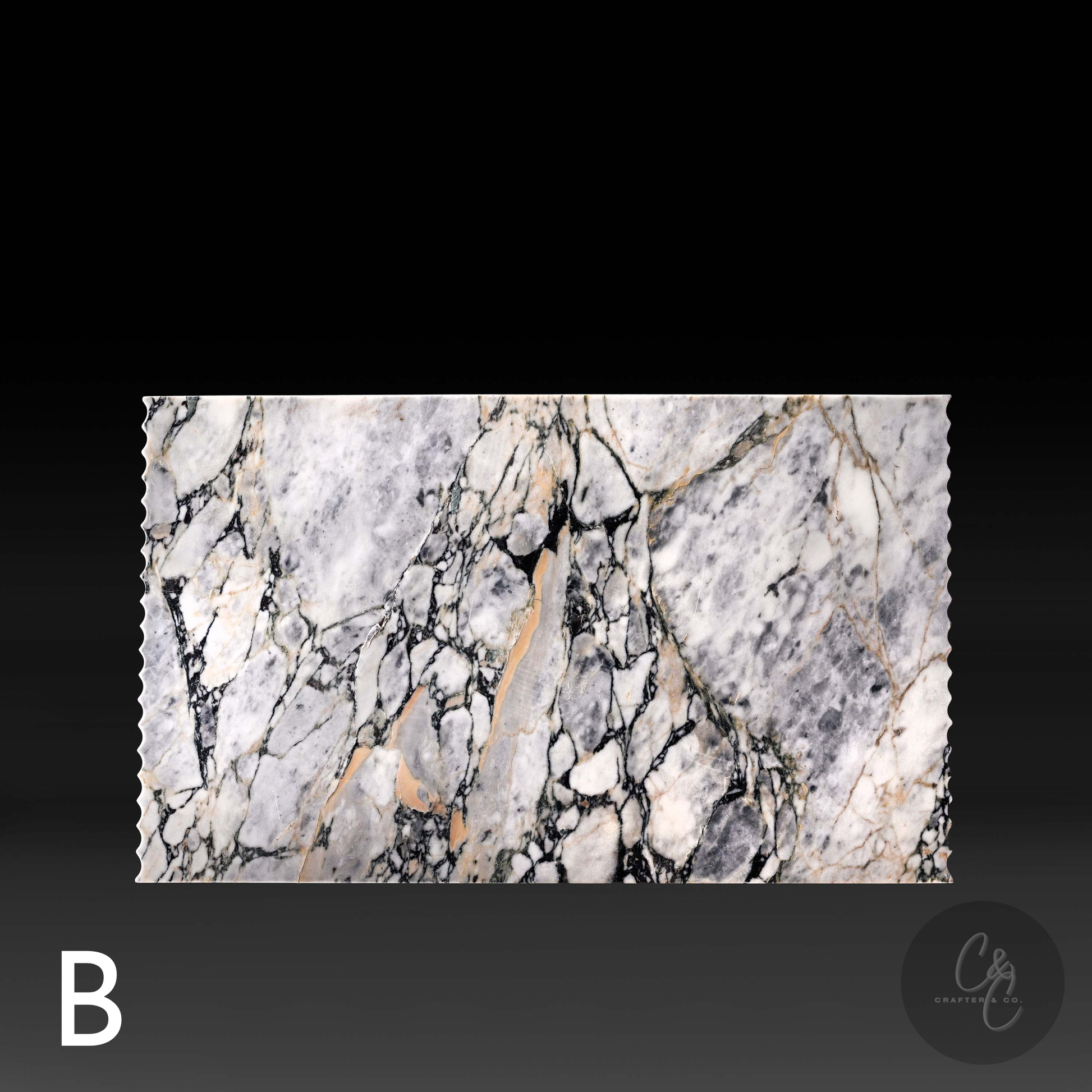 Arabescato Viola marble tabletop with bold natural veining on Corrugated Coffee Table – Variant B