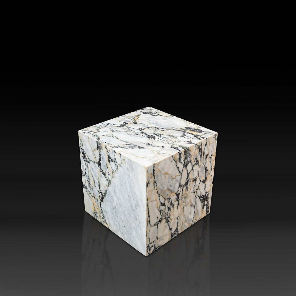 Angled view of the Arabescato Viola Cube Side Table featuring premium Italian marble and polished finish.
