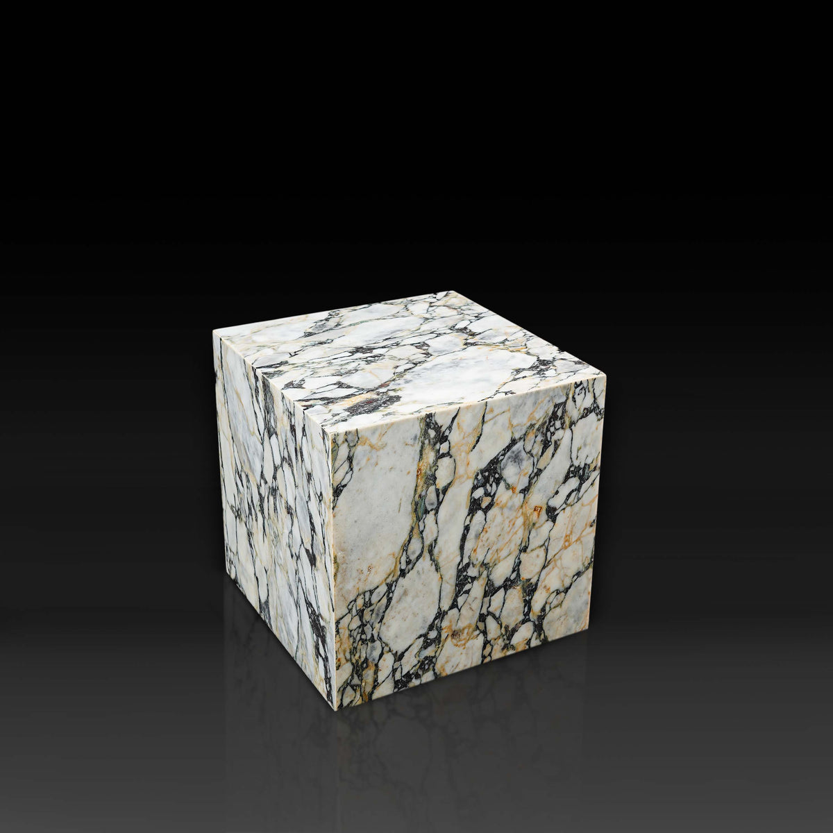 Arabescato Viola Cube Side Table front profile showcasing dramatic Italian marble veining.