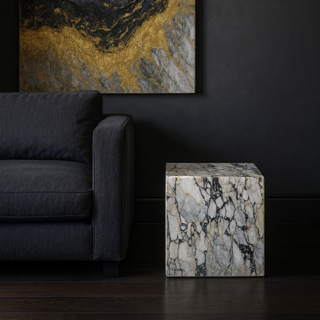 Arabescato Viola Cube Side Table styled beside a modern sofa in a luxury living room
