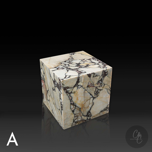 Cube Side Table in Breccia Capraia marble front profile showcasing bold natural veining.
