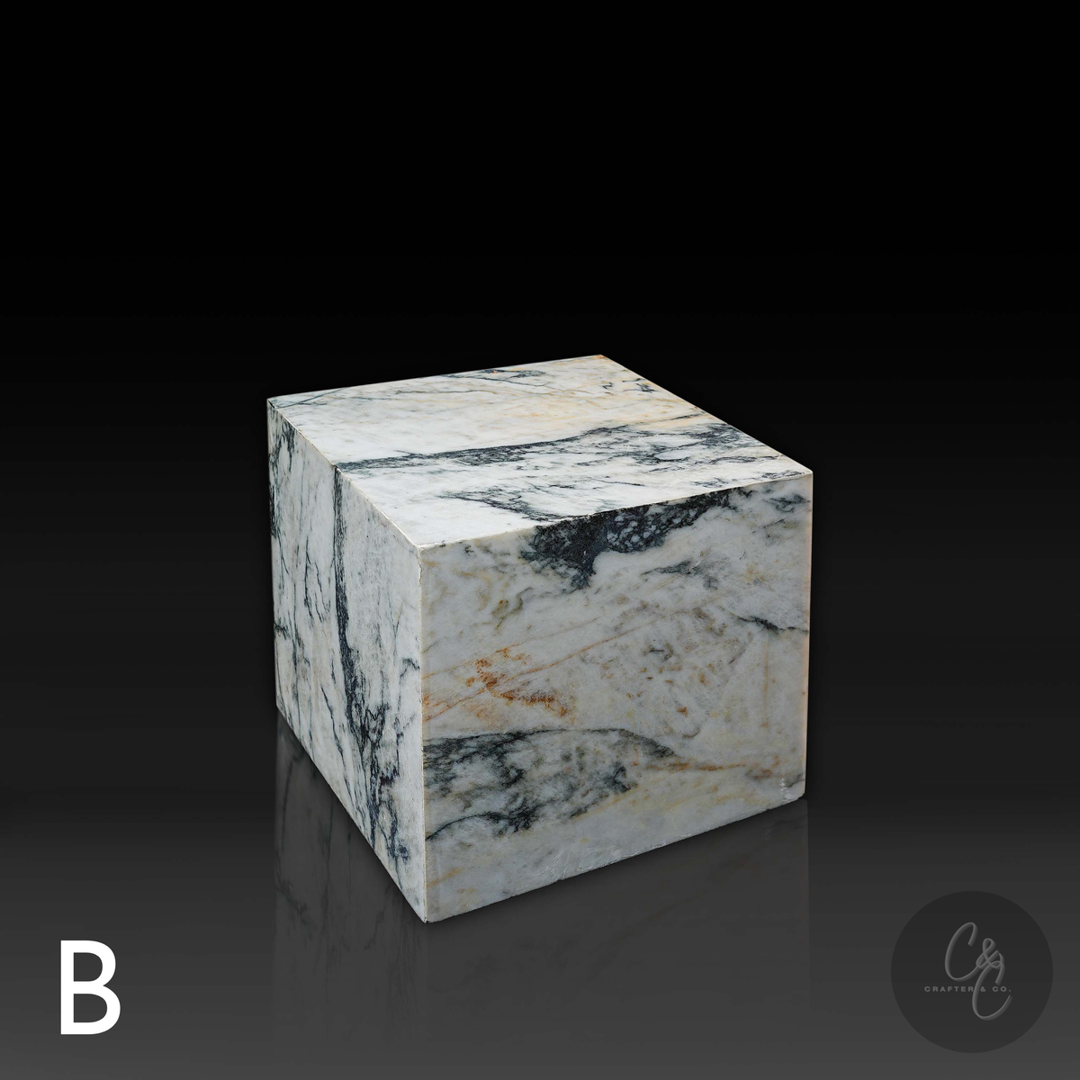 Cube Side Table in Calacatta Monet marble front profile showcasing natural veining.