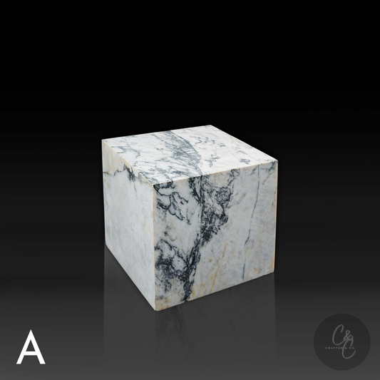 Cube Side Table in Calacatta Monet marble front profile with dramatic natural veining