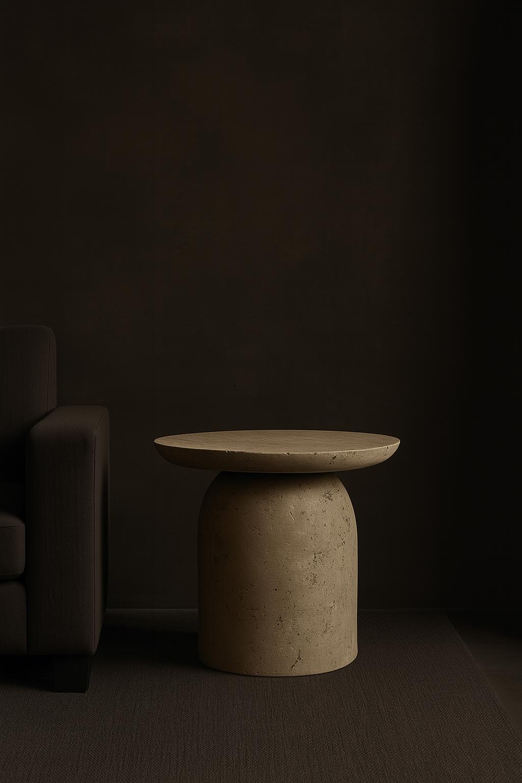 Eminence Travertine Side Table handcrafted from premium natural travertine featuring a sculptural round tabletop and cylindrical pedestal base in a modern living room.
