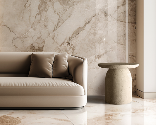 Eminence Travertine Side Table styled in a luxury modern living room showcasing natural stone craftsmanship and timeless contemporary design.