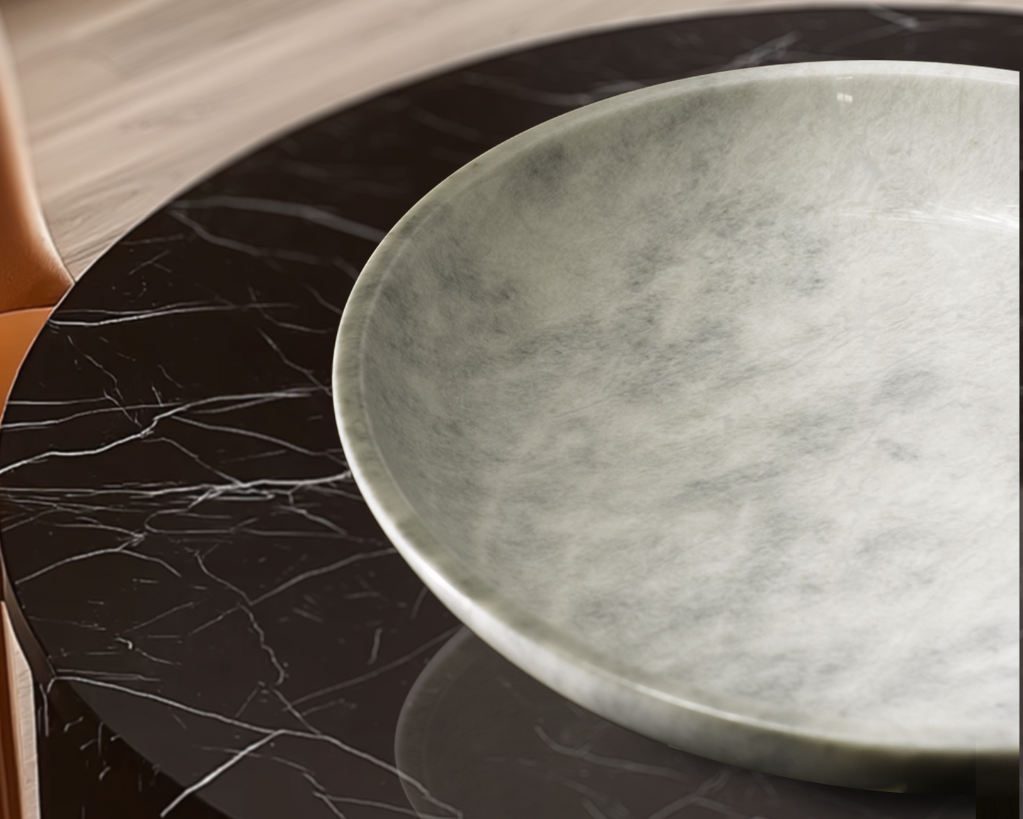 Close-up of the Grande White Marble Decorative Bowl showcasing natural grey veining and a smooth polished marble finish.