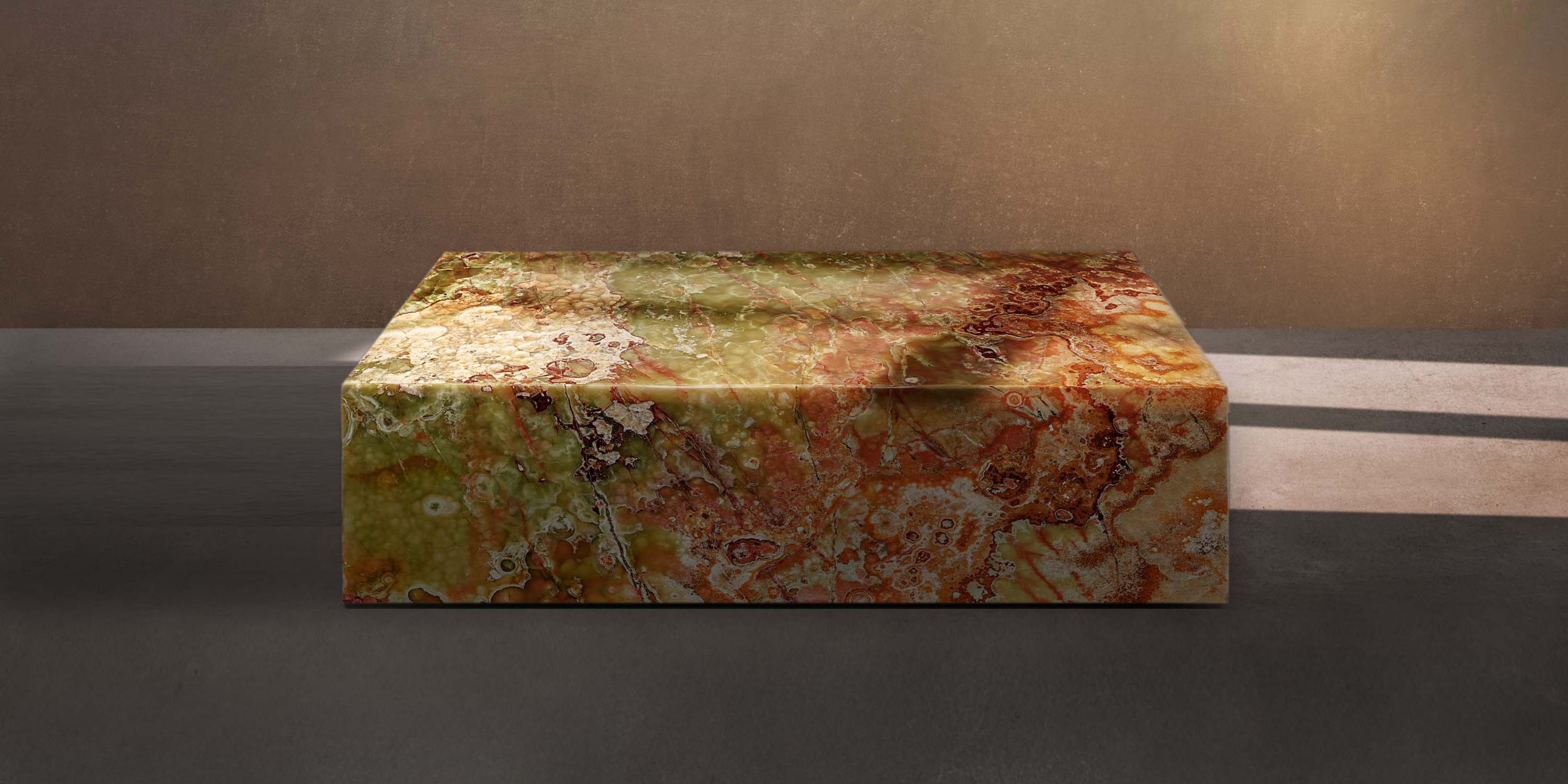 Luxury green onyx block coffee table handcrafted from natural stone.