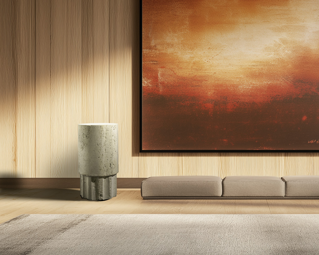 Heritage Travertine Side Table adding sculptural elegance to a modern interior with timeless natural stone design.
