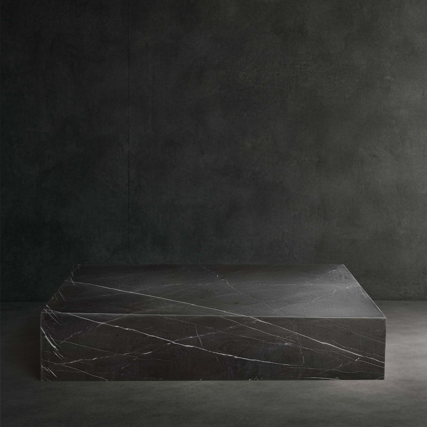 Large Block Coffee Table in Nero Marquina Grey Marble with honed finish and natural white veining.