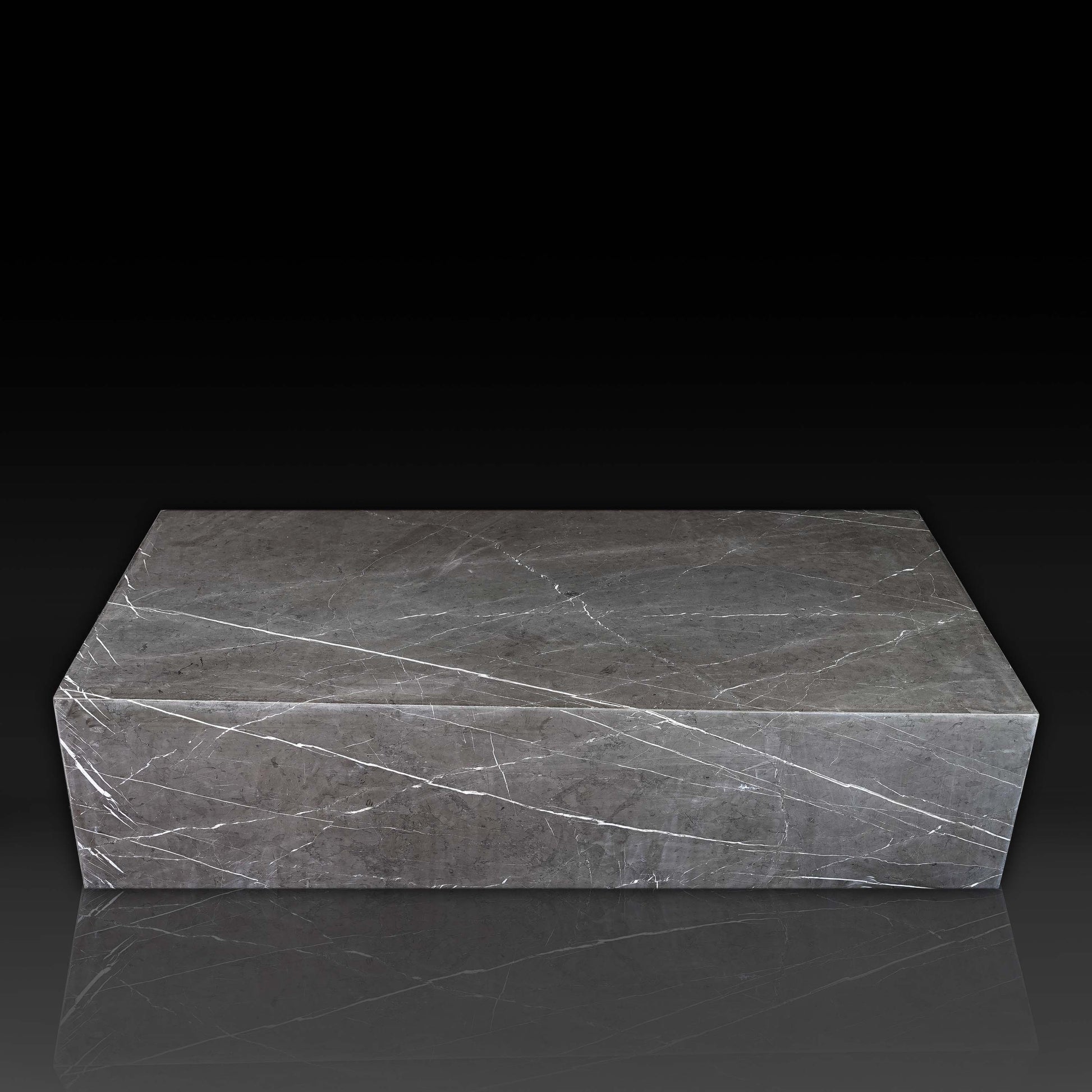 Large Block Coffee Table in Nero Marquina Grey Marble with honed finish shown on a black studio background.