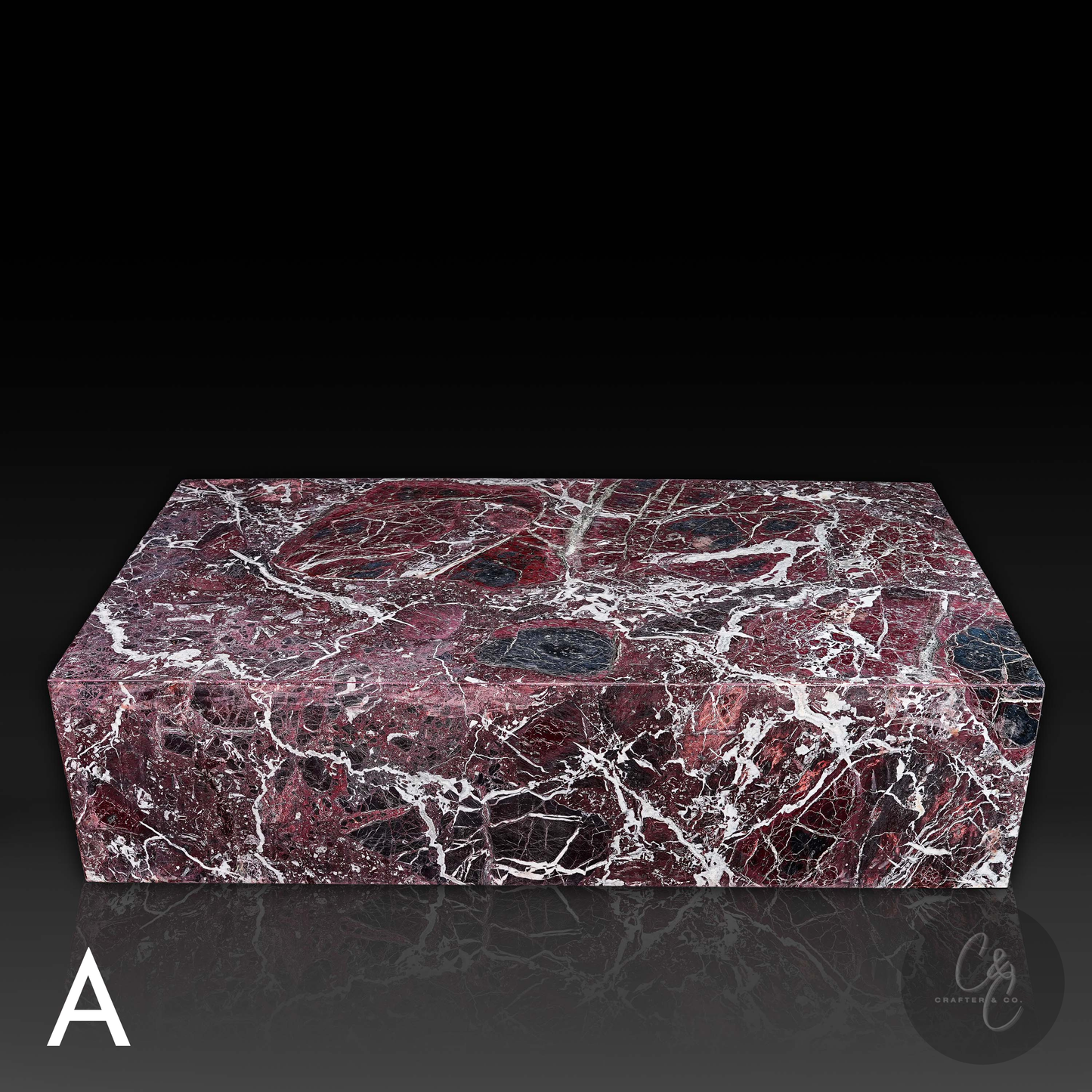 Front view of Large Block Coffee Table in Rosso Levanto Marble Variant A featuring rich burgundy marble with dramatic white veining and a honed finish.