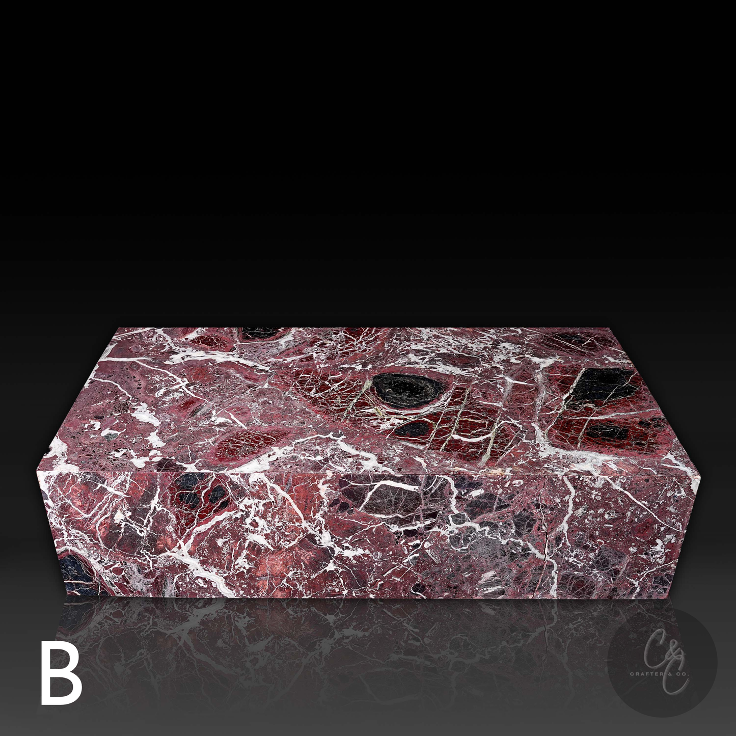 Front view of Large Block Coffee Table in Rosso Levanto Marble (Variant B) featuring rich burgundy marble with dramatic white veining and a honed finish.