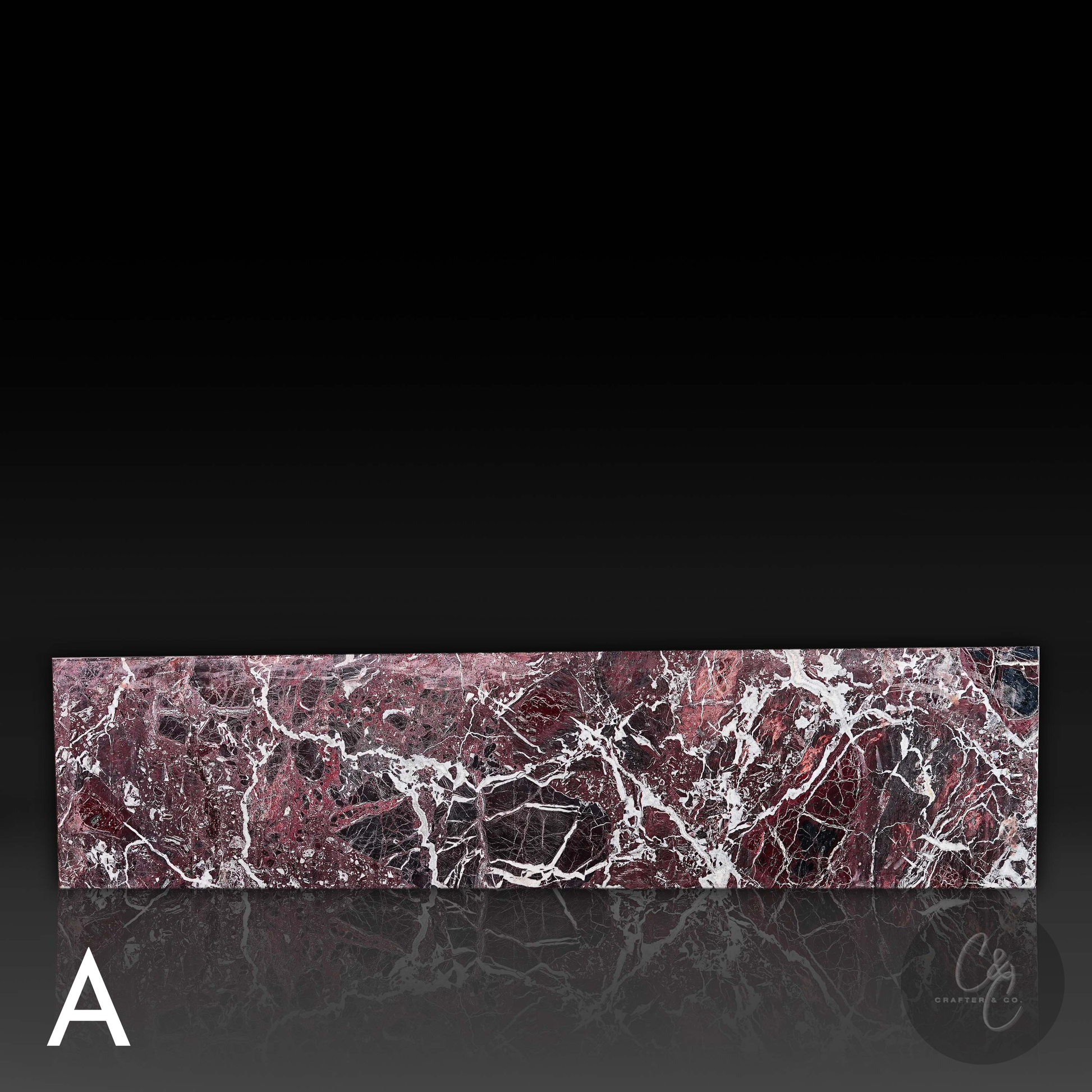 Front profile of Large Block Coffee Table in Rosso Levanto Marble (Variant A) highlighting rich burgundy marble, bold natural white veining and a honed finish.