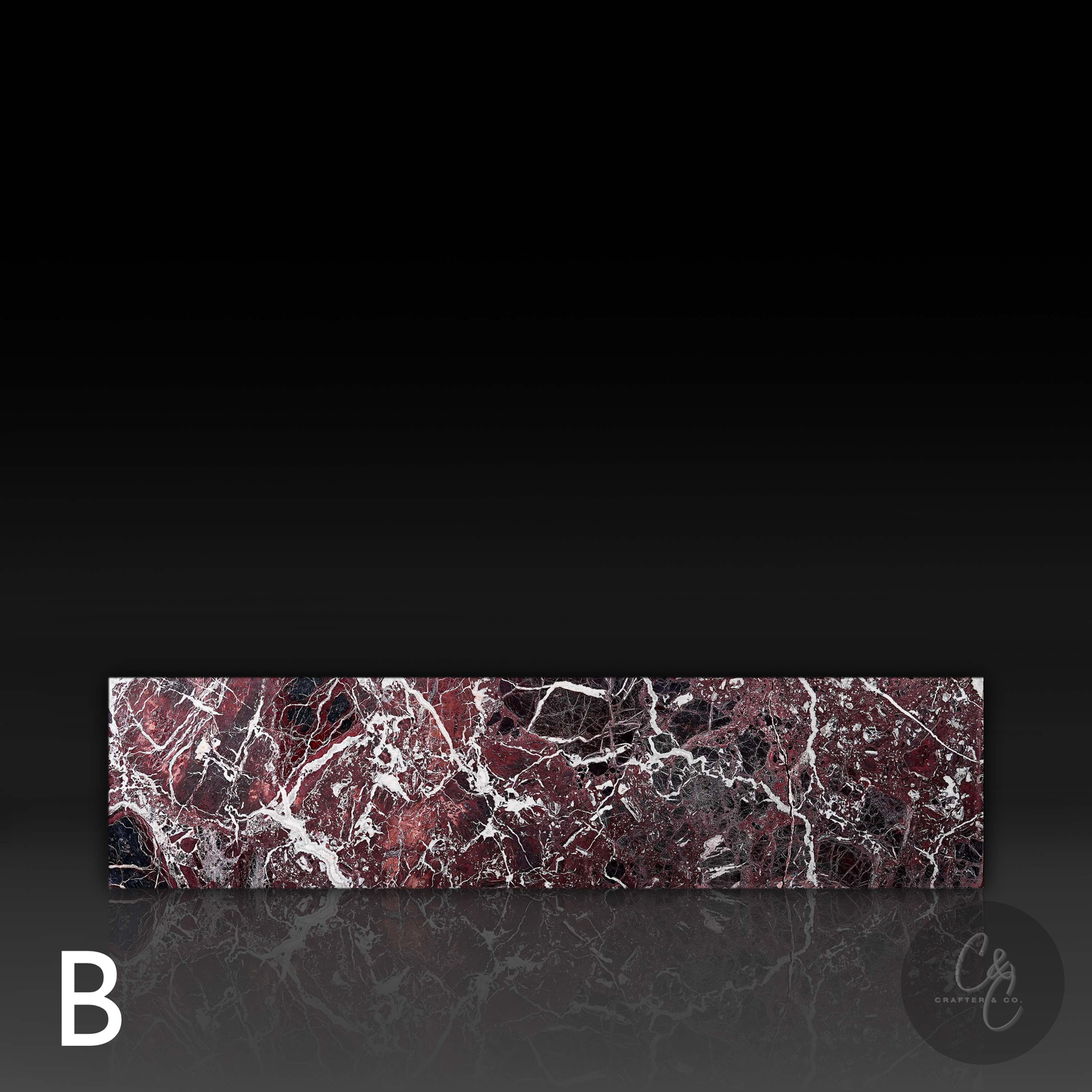 Front profile of Large Block Coffee Table in Rosso Levanto Marble (Variant B) highlighting rich burgundy marble, dramatic white veining and a honed finish.
