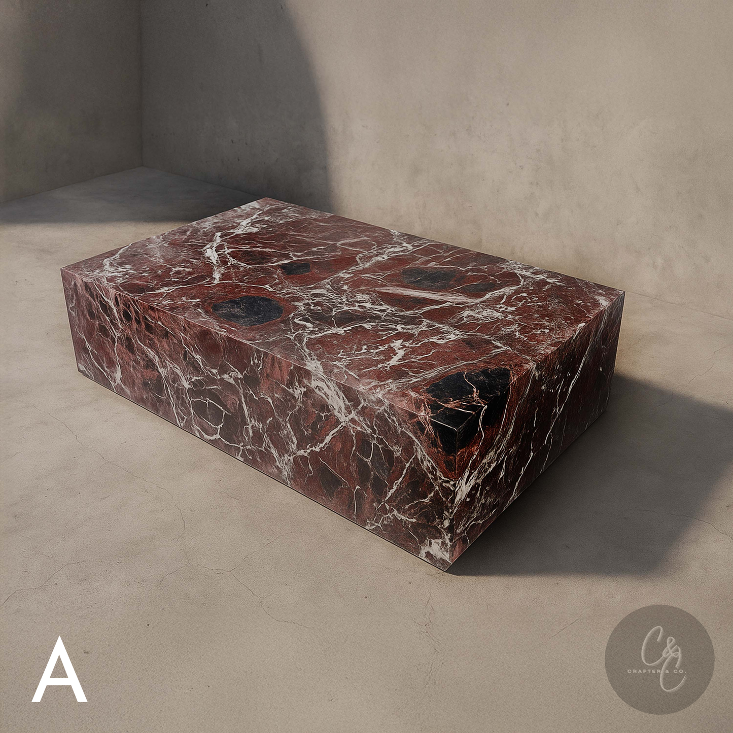Large Block Coffee Table in Rosso Levanto Marble (Variant A) with rich burgundy tones, dramatic white veining and a honed finish.