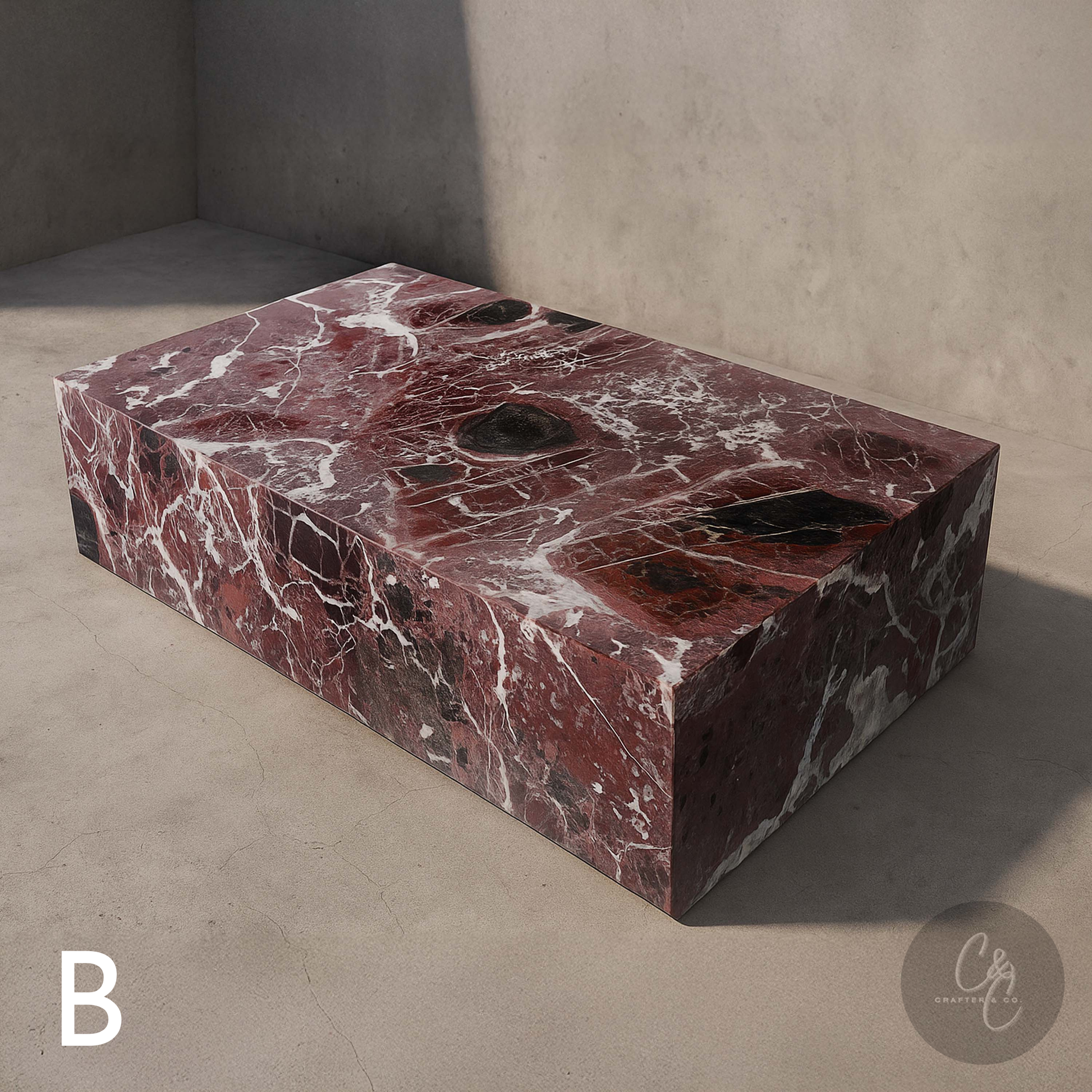 Large Block Coffee Table in Rosso Levanto Marble (Variant B) with rich burgundy tones, bold natural white veining and a honed finish.