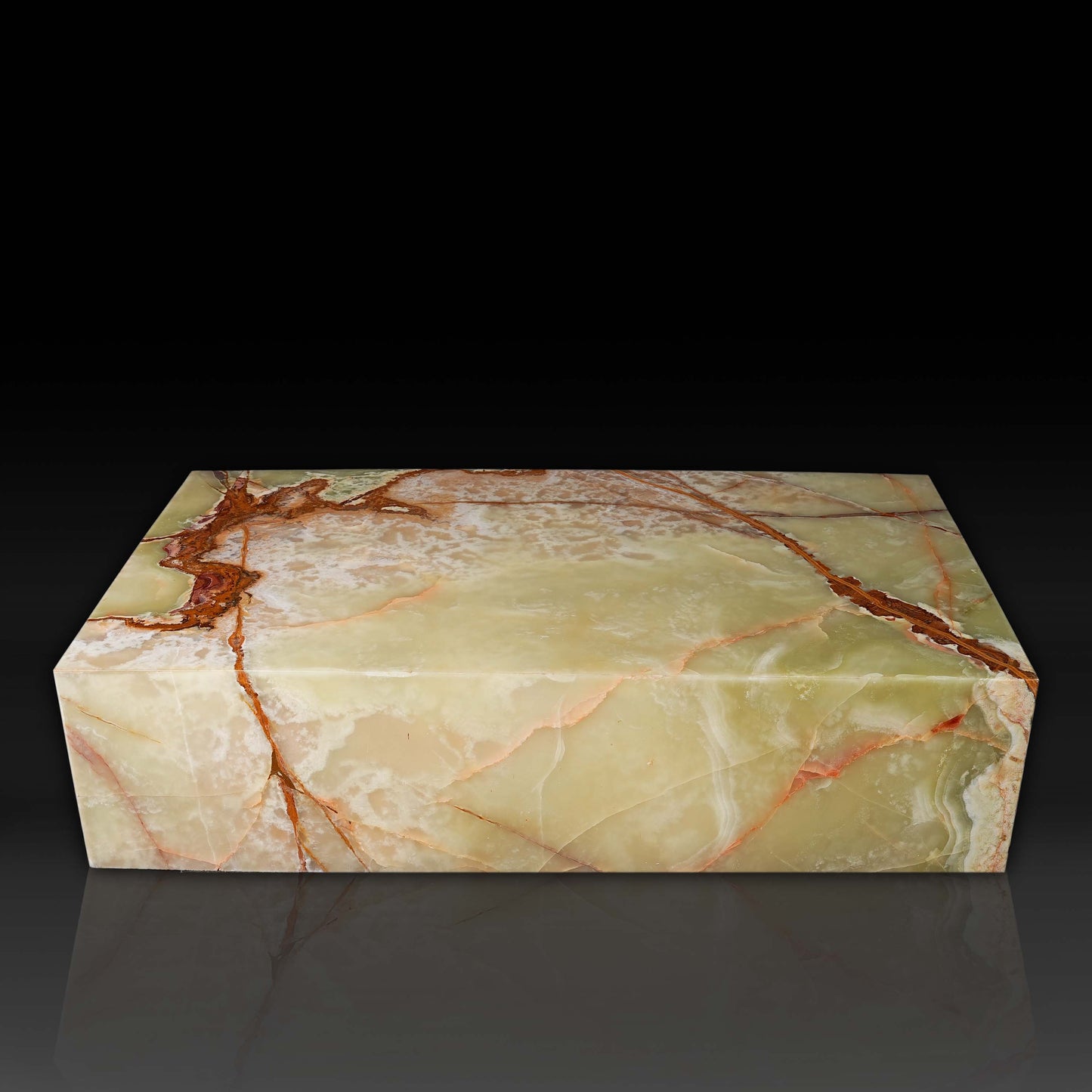Front view of the Large Block Green Onyx Coffee Table showcasing natural green onyx veining and polished finish.
