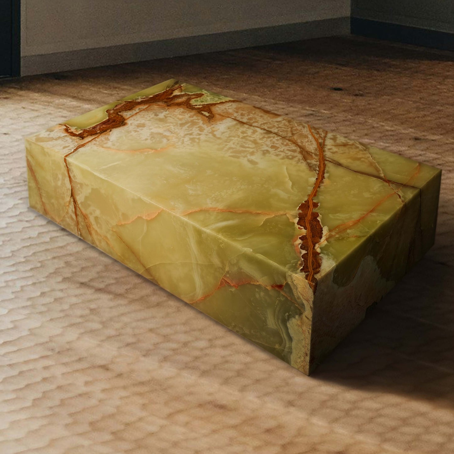 Large Block Green Onyx Coffee Table handcrafted from natural onyx with polished finish