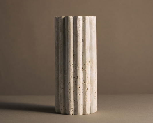 Lumiere Travertine Fluted Vase front angle decorative stone vase.
