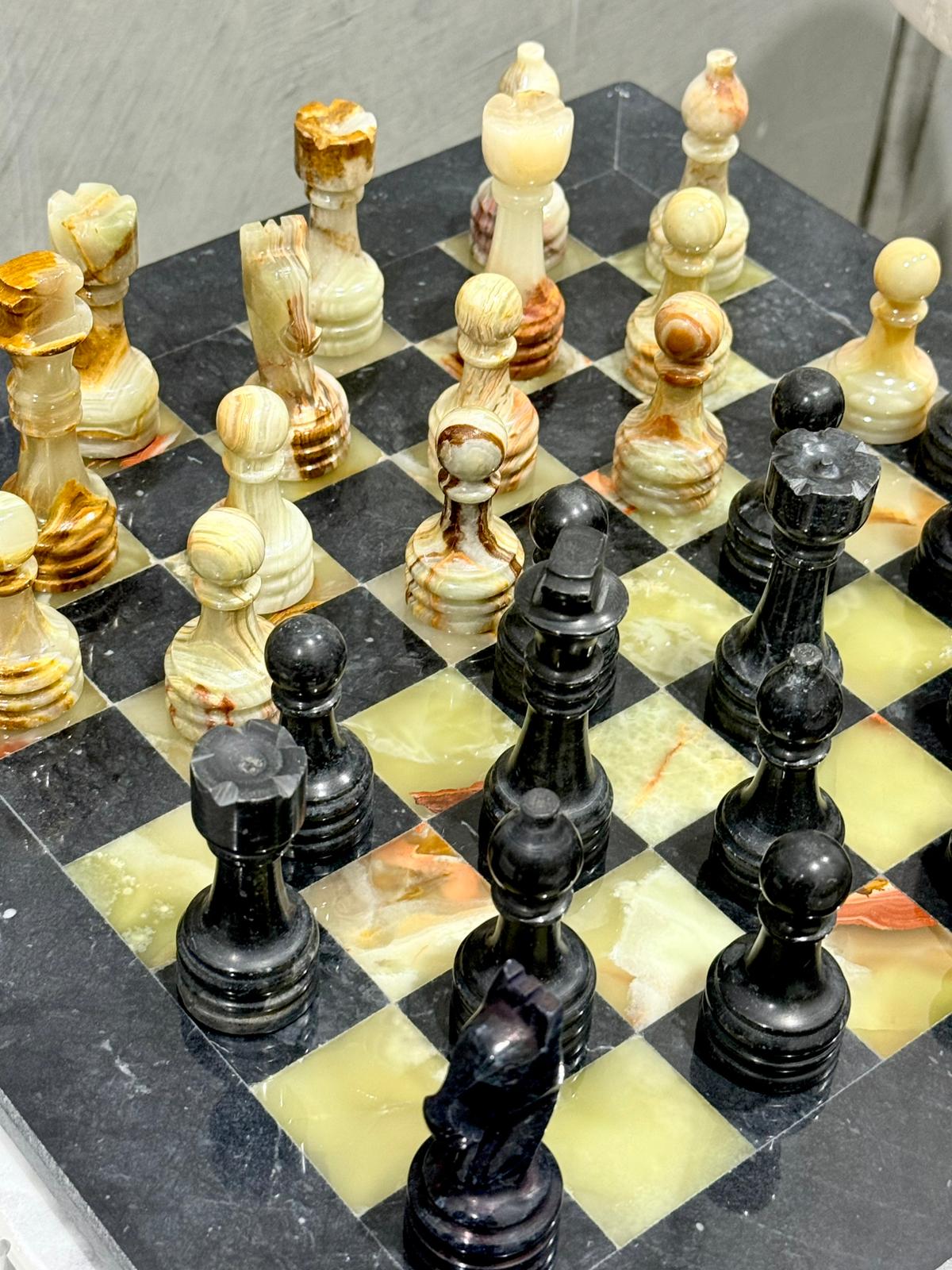 Natural stone chess board crafted from green onyx and black marble
